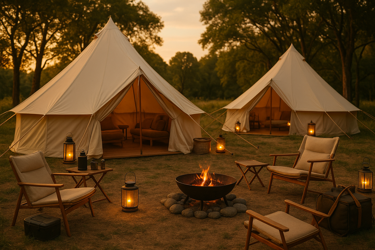 glamping scene with large canvas tents and camping set up